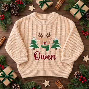 Machine embroidered reindeer & Christmas trees baby Christmas sweater among Christmas decorations