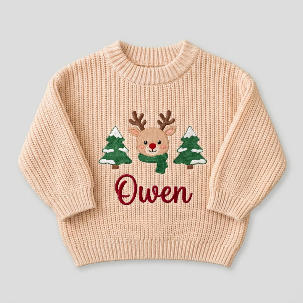 Machine embroidered reindeer & Christmas trees baby Christmas sweater on a plain background