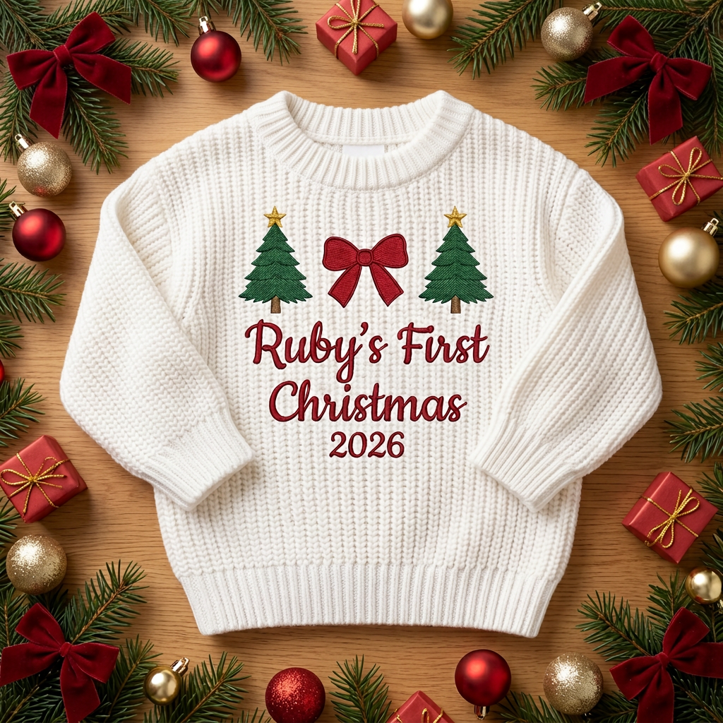 Machine embroidered first Christmas with trees & bow baby Christmas sweater among Christmas decorations