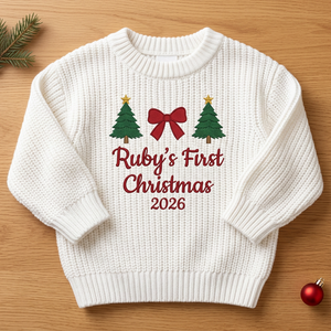 Machine embroidered first Christmas with trees & bow baby Christmas sweater, flat lay