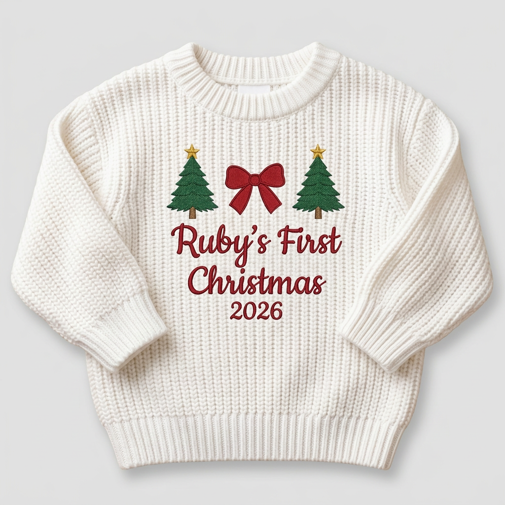 Machine embroidered first Christmas with trees & bow baby Christmas sweater on a plain background