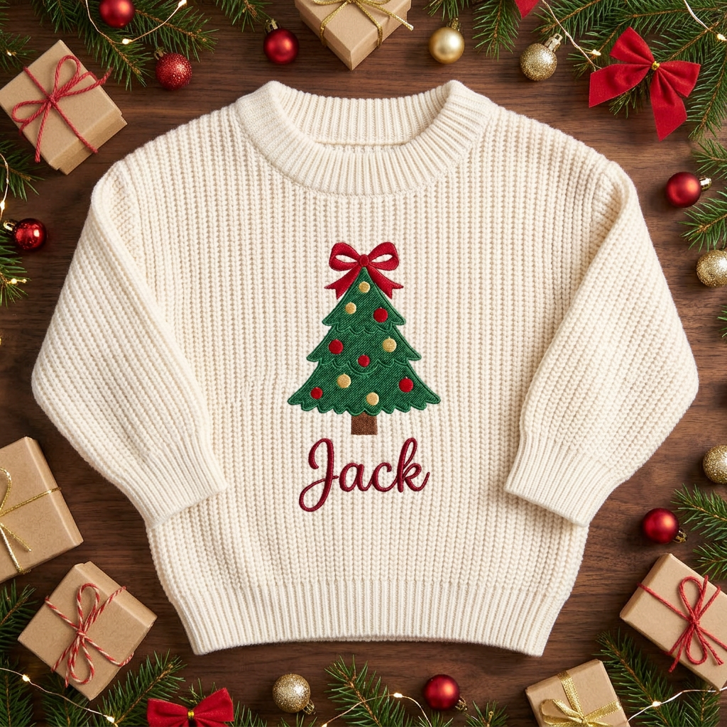 Machine embroidered Christmas tree with bow topper baby Christmas sweater among Christmas decorations