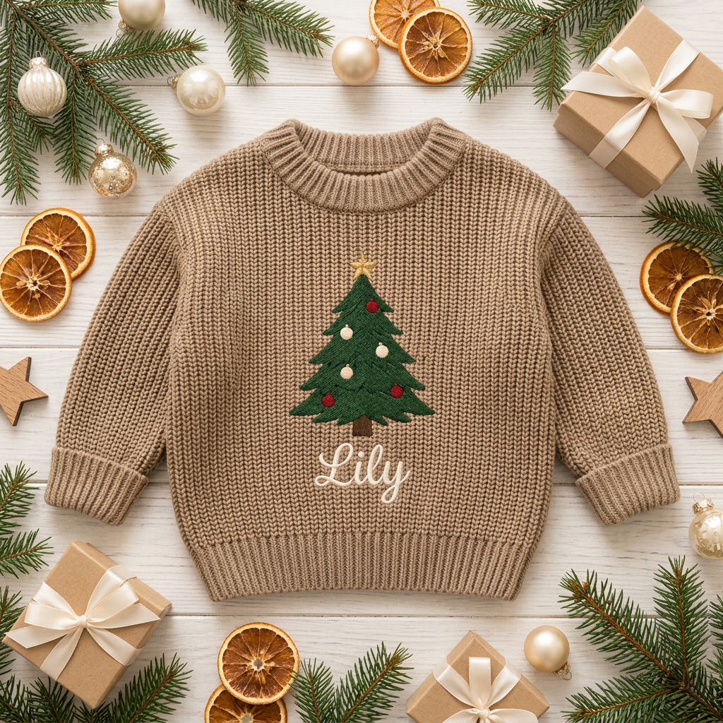 Machine embroidered big Christmas tree baby Christmas sweater among Christmas decorations