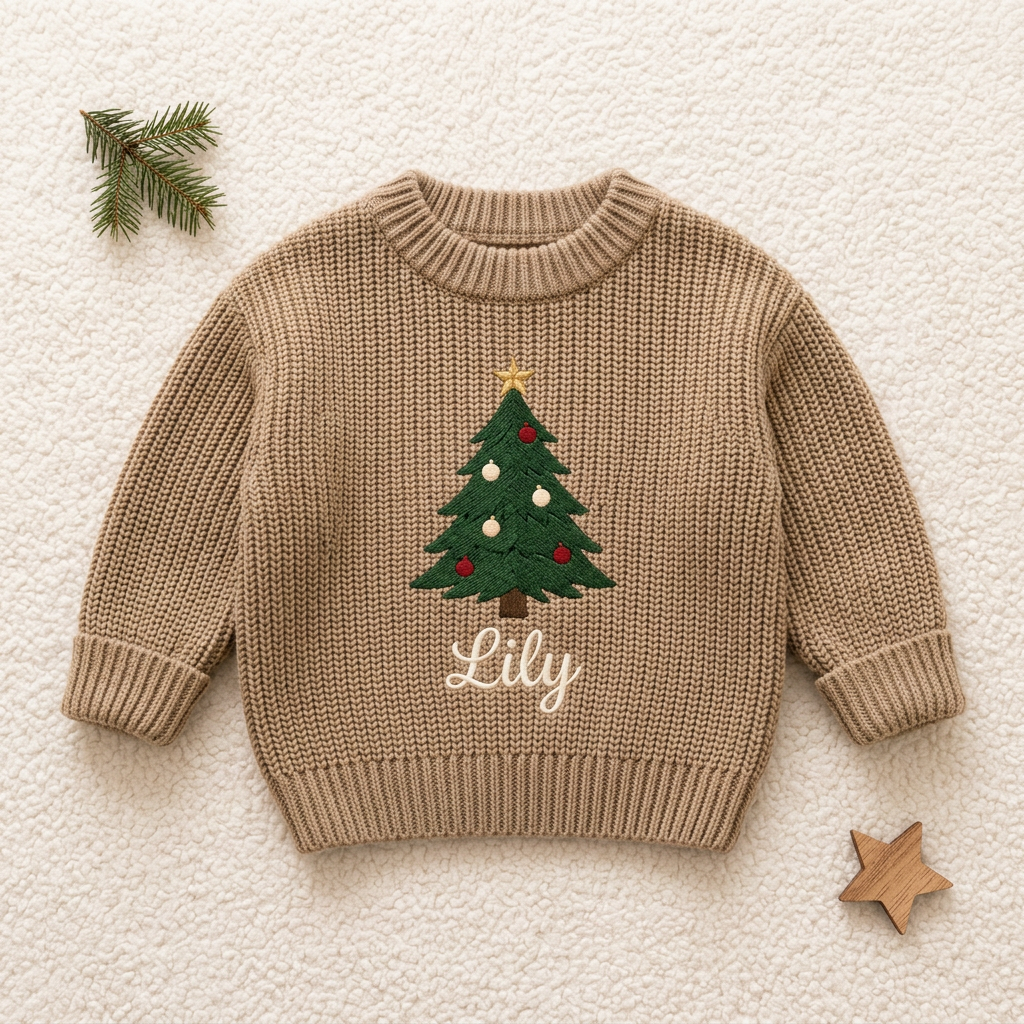 Machine embroidered big Christmas tree baby Christmas sweater, flat lay