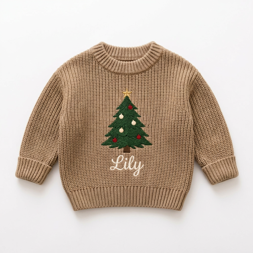 Machine embroidered big Christmas tree baby Christmas sweater on a plain background
