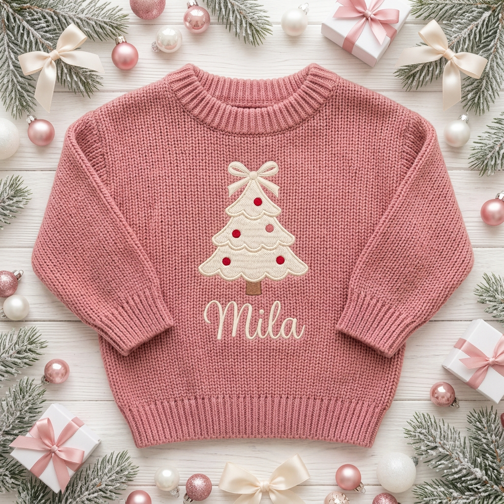 Machine embroidered coquette Christmas tree baby Christmas sweater among Christmas decorations