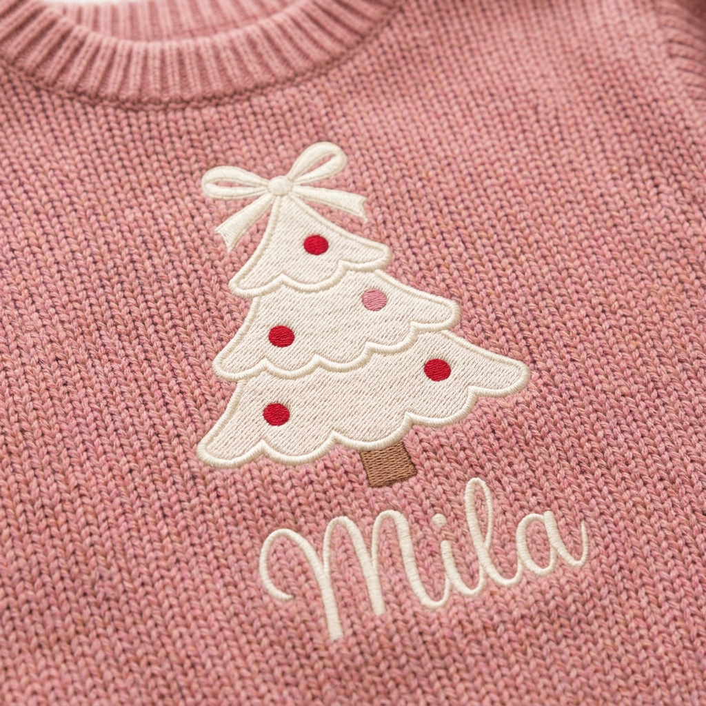 Close-up of machine embroidered coquette Christmas tree on chunky knit