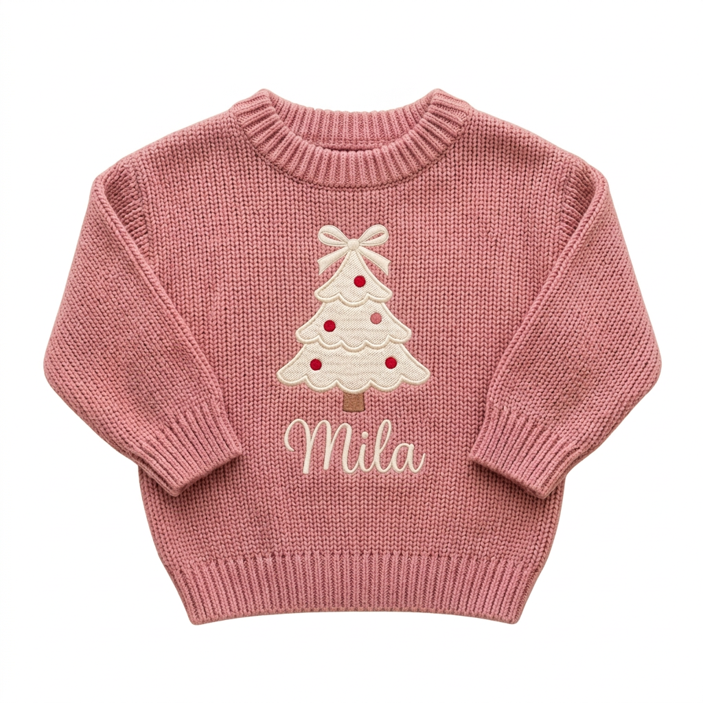 Machine embroidered coquette Christmas tree baby Christmas sweater on a plain background