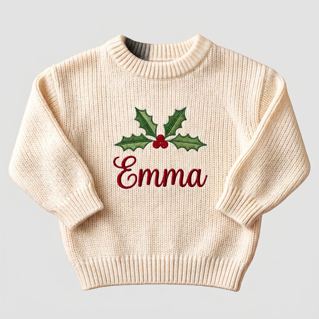 Machine embroidered holly name baby Christmas sweater on a plain background