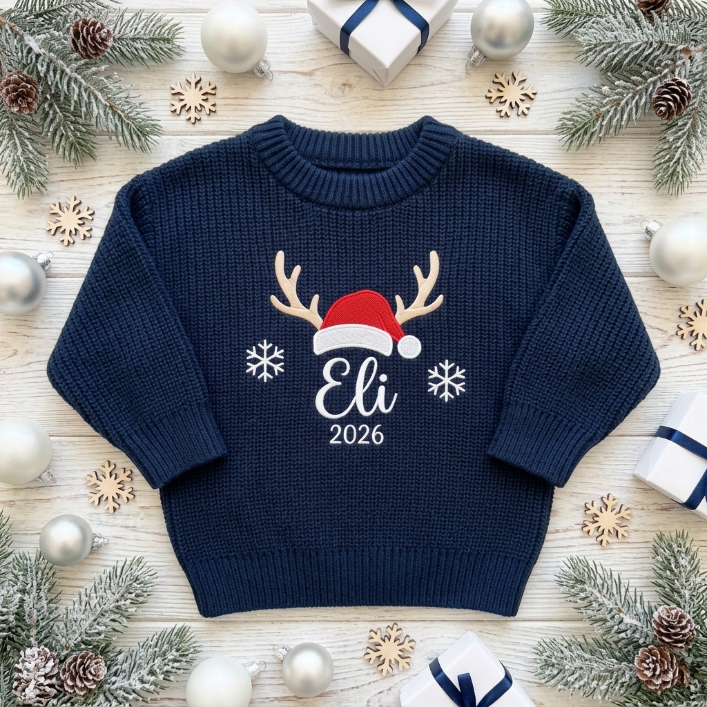 Machine embroidered reindeer antlers & Santa hat with year baby Christmas sweater among Christmas decorations