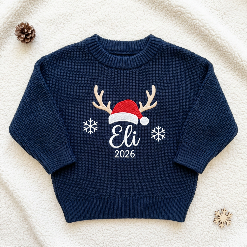 Machine embroidered reindeer antlers & Santa hat with year baby Christmas sweater, flat lay