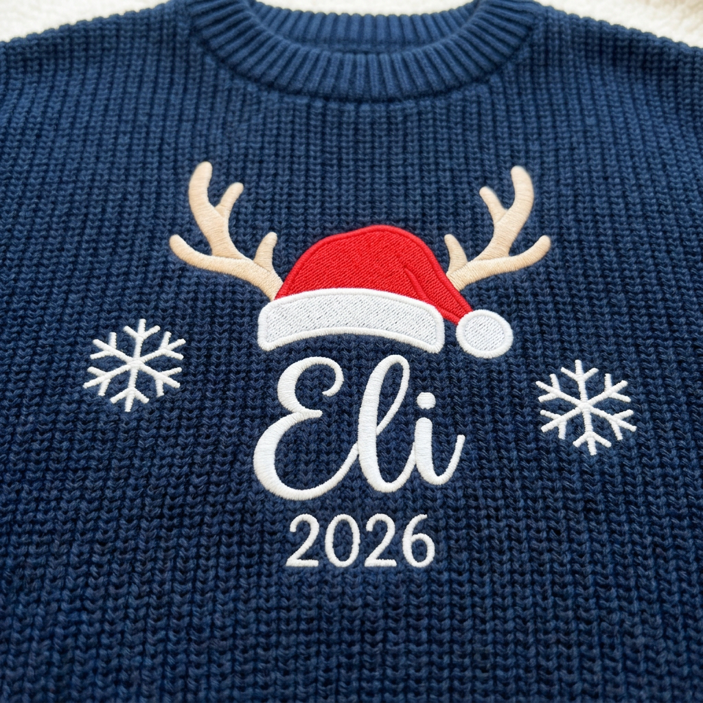 Close-up of machine embroidered reindeer antlers & Santa hat with year on chunky knit
