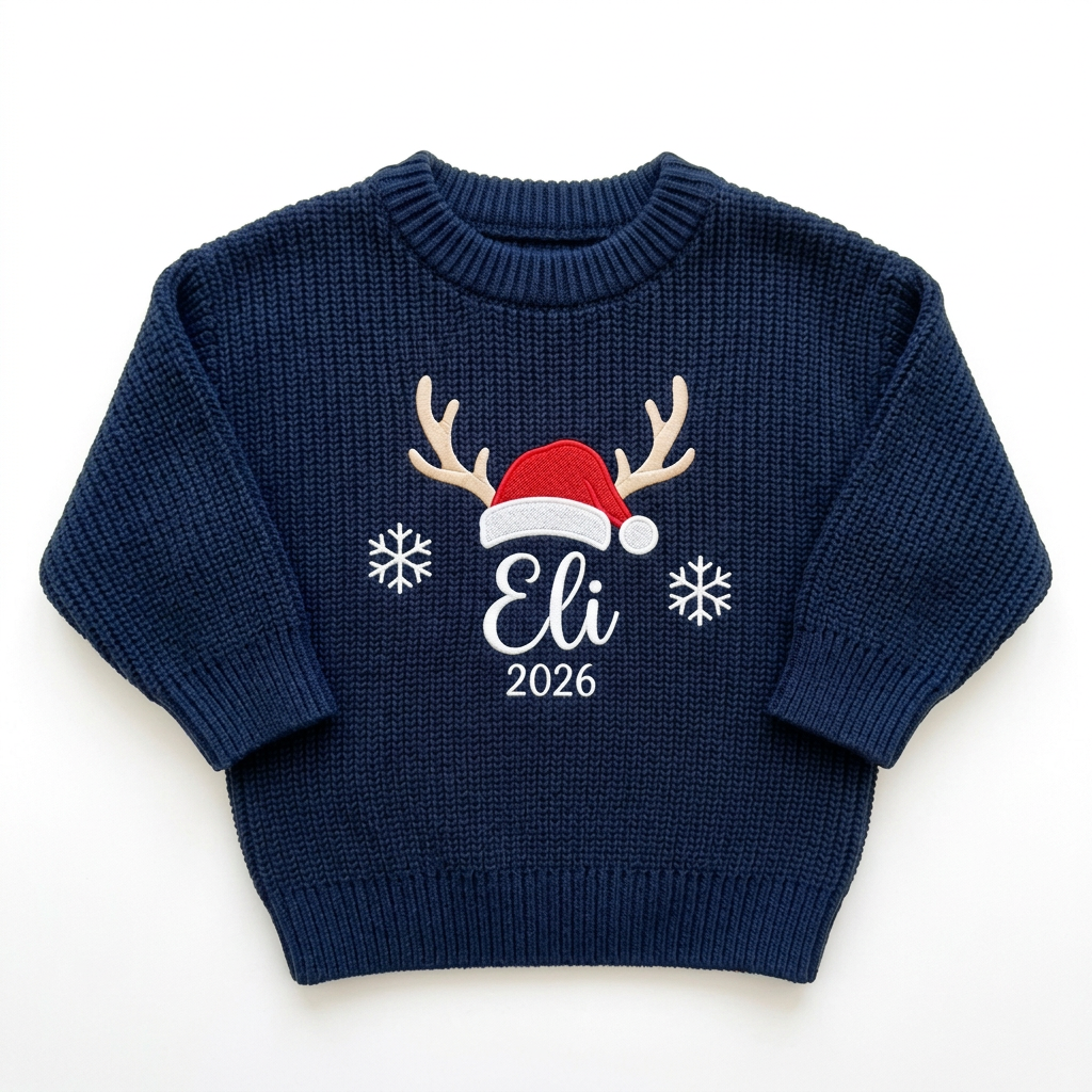 Machine embroidered reindeer antlers & Santa hat with year baby Christmas sweater on a plain background