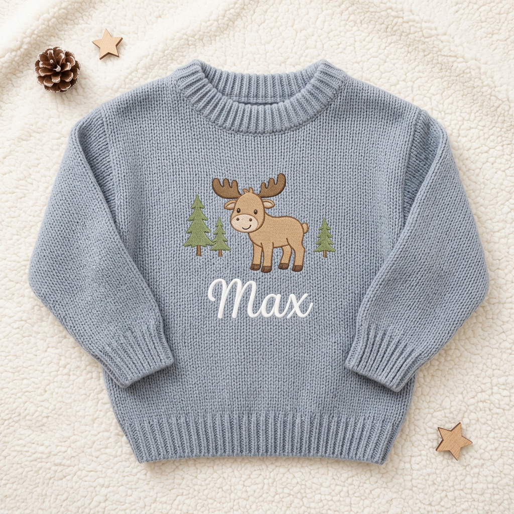 Machine embroidered moose & Christmas trees baby Christmas sweater, flat lay
