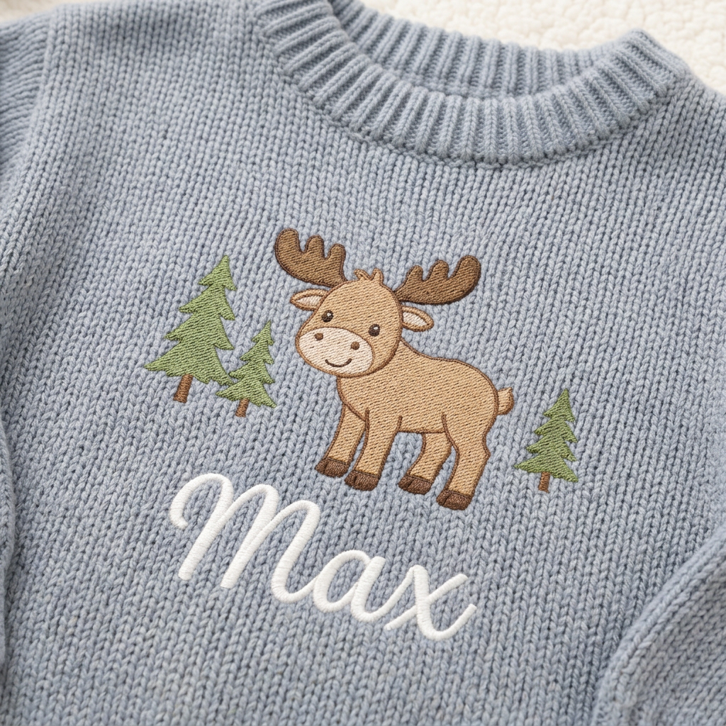 Close-up of machine embroidered moose & Christmas trees on chunky knit