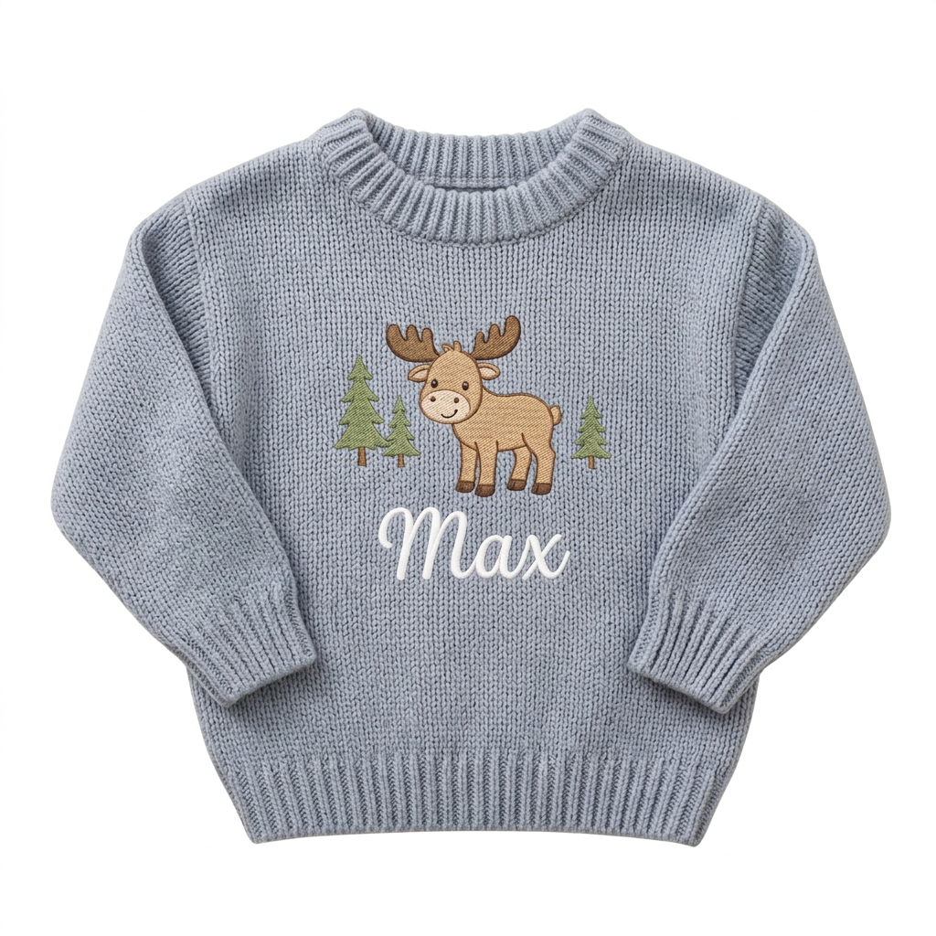 Machine embroidered moose & Christmas trees baby Christmas sweater on a plain background