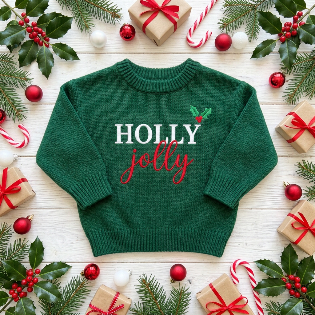 Machine embroidered Holly Jolly baby Christmas sweater among Christmas decorations