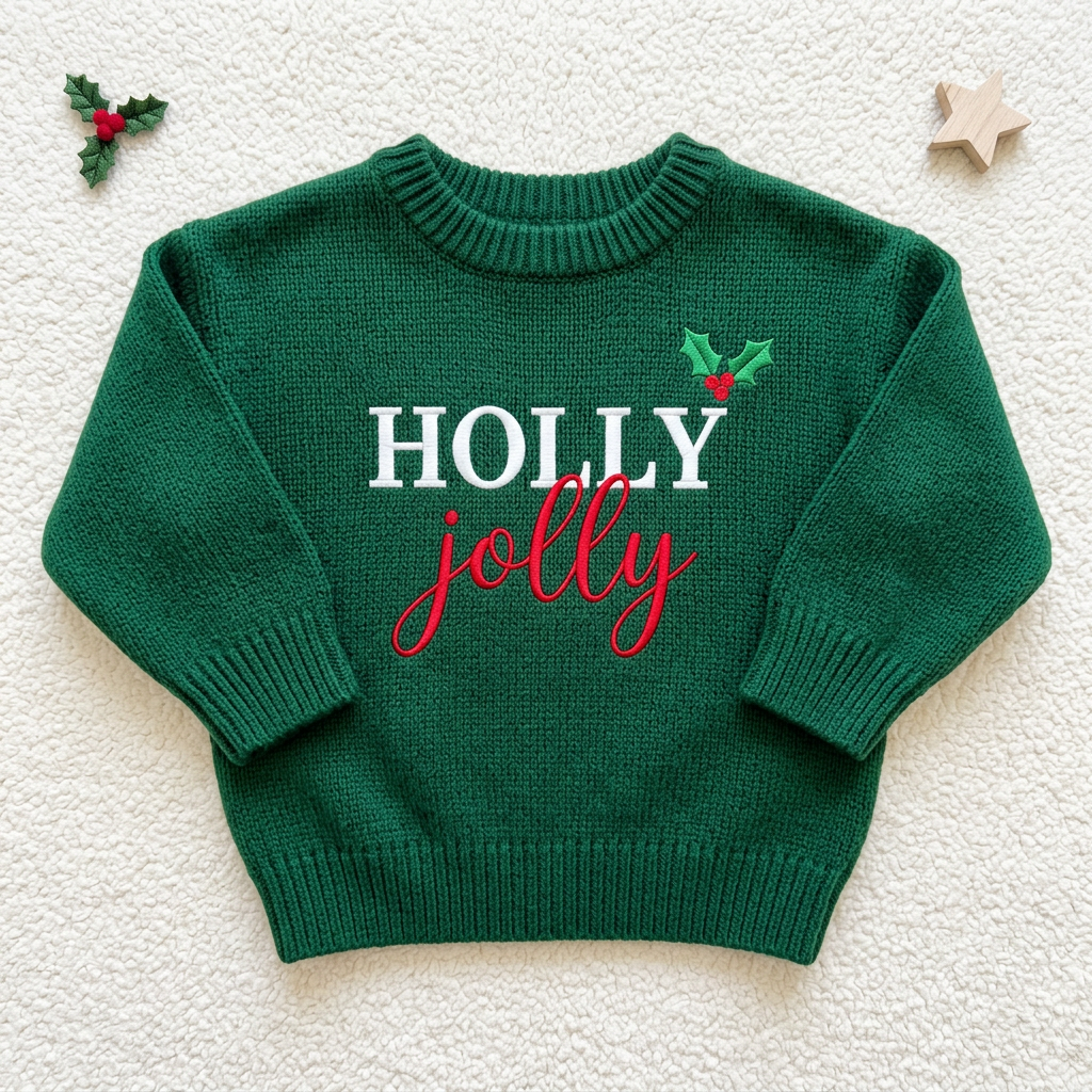 Machine embroidered Holly Jolly baby Christmas sweater, flat lay
