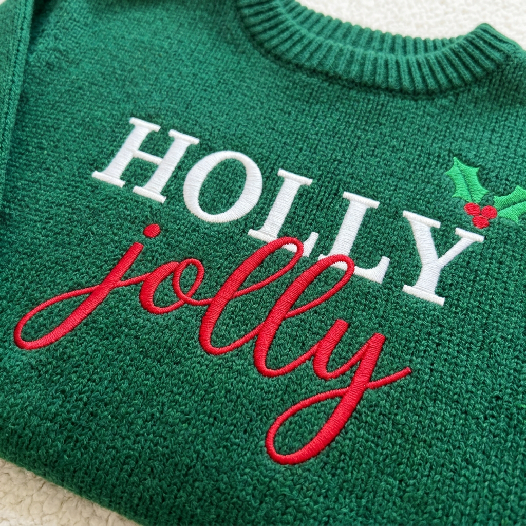 Close-up of machine embroidered Holly Jolly on chunky knit