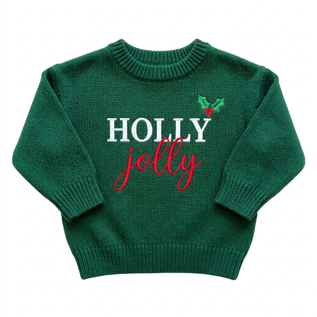 Machine embroidered Holly Jolly baby Christmas sweater on a plain background