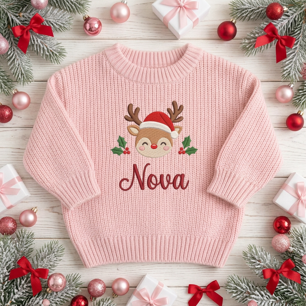 Machine embroidered baby reindeer with Santa hat baby Christmas sweater among Christmas decorations