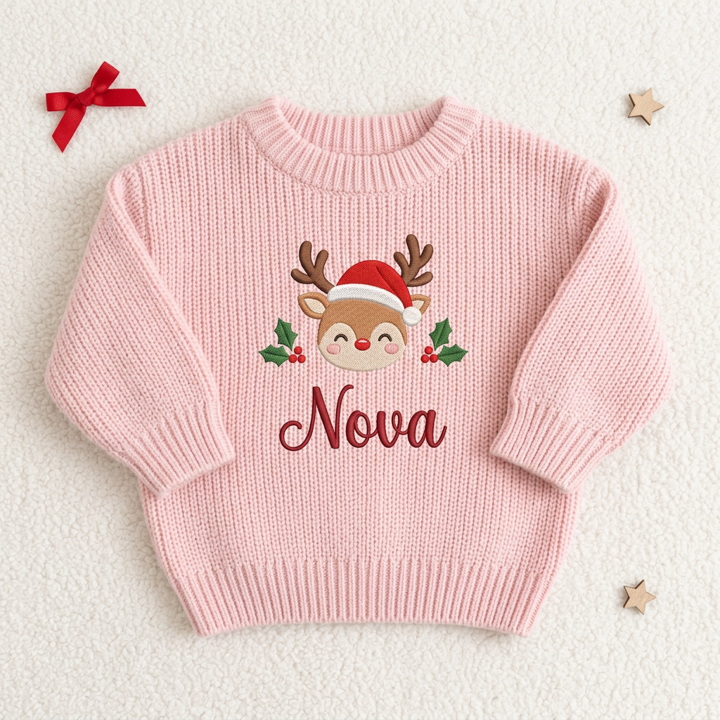 Machine embroidered baby reindeer with Santa hat baby Christmas sweater, flat lay