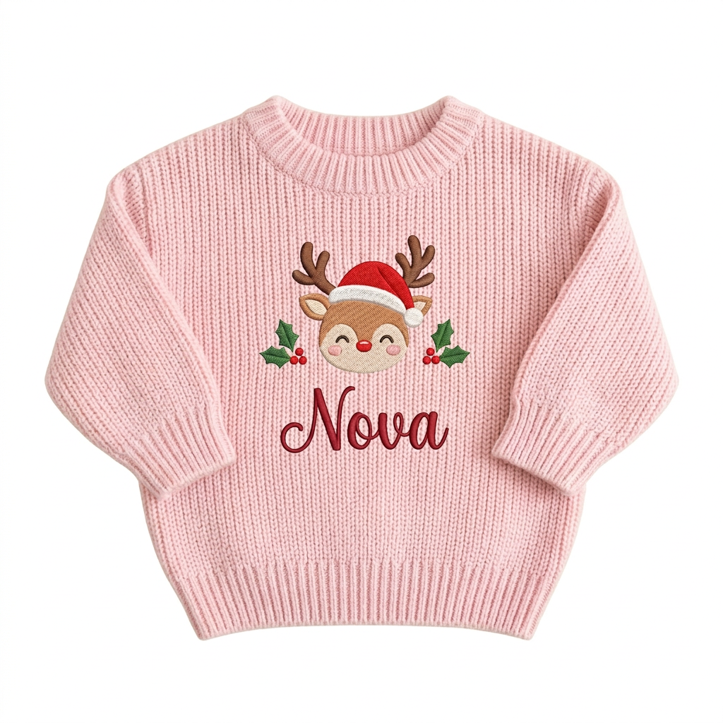 Machine embroidered baby reindeer with Santa hat baby Christmas sweater on a plain background