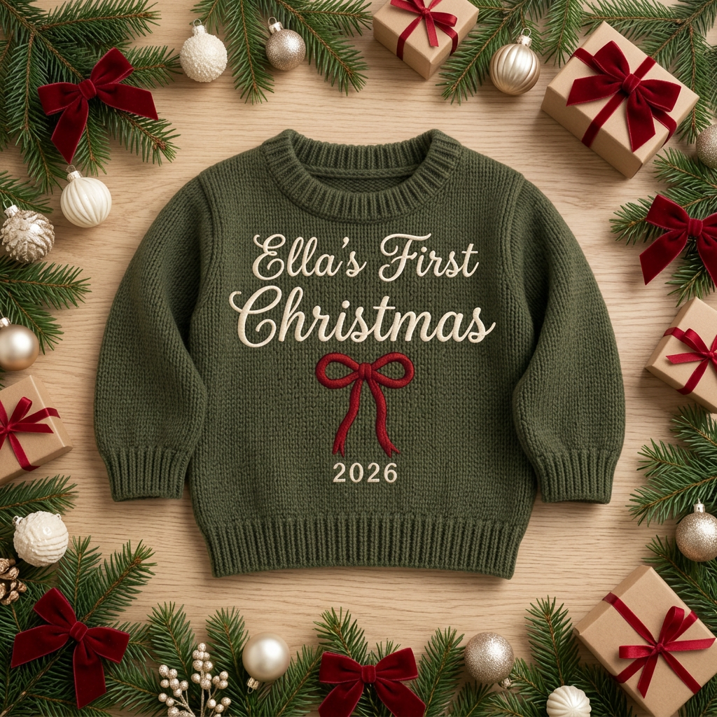 Machine embroidered first Christmas with bow baby Christmas sweater among Christmas decorations