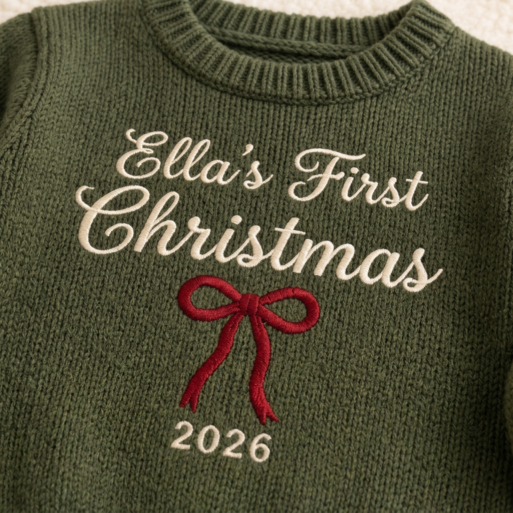 Close-up of machine embroidered first Christmas with bow on chunky knit
