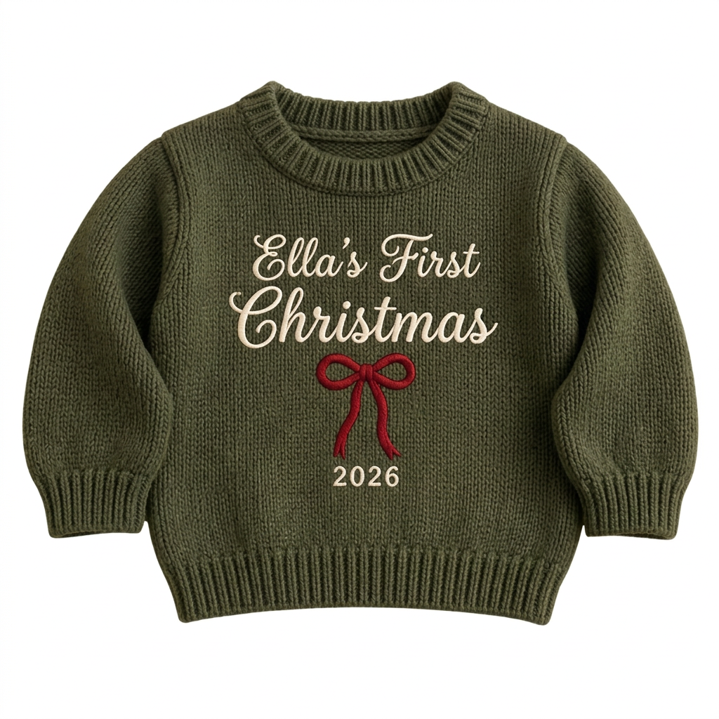Machine embroidered first Christmas with bow baby Christmas sweater on a plain background