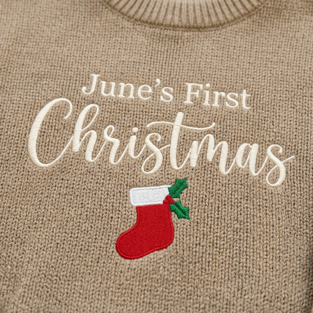Close-up of machine embroidered first Christmas stocking on chunky knit