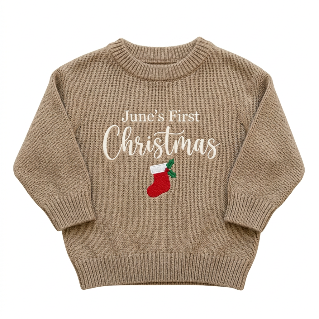 Machine embroidered first Christmas stocking baby Christmas sweater on a plain background