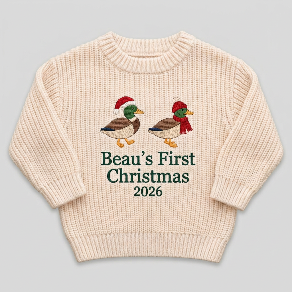 Machine embroidered first Christmas ducks baby Christmas sweater on a plain background