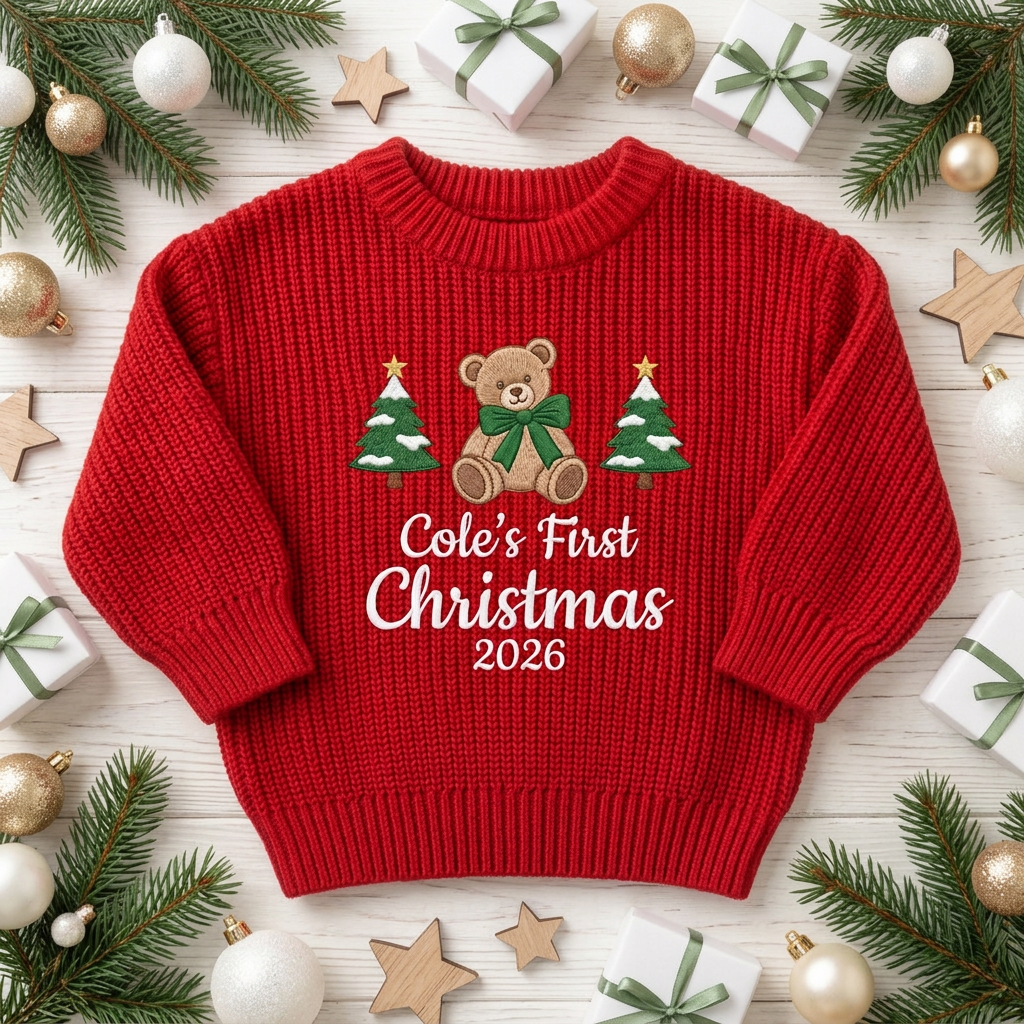 Machine embroidered first Christmas teddy bear baby Christmas sweater among Christmas decorations
