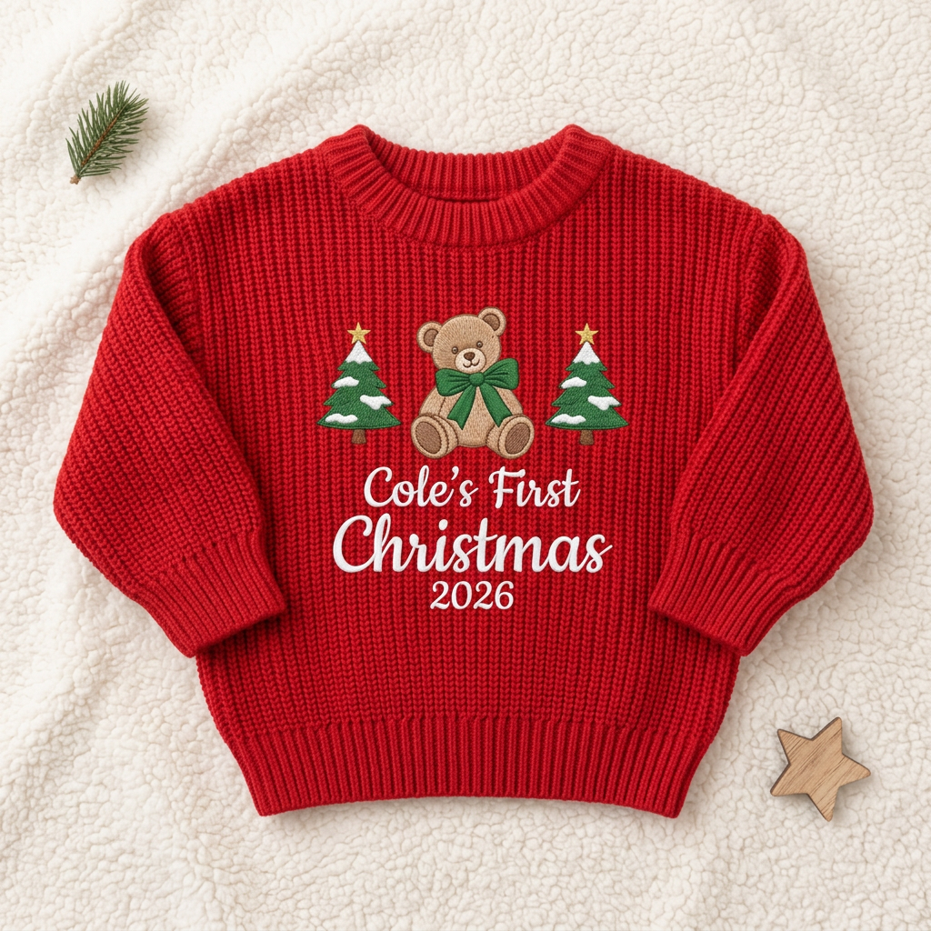 Machine embroidered first Christmas teddy bear baby Christmas sweater, flat lay