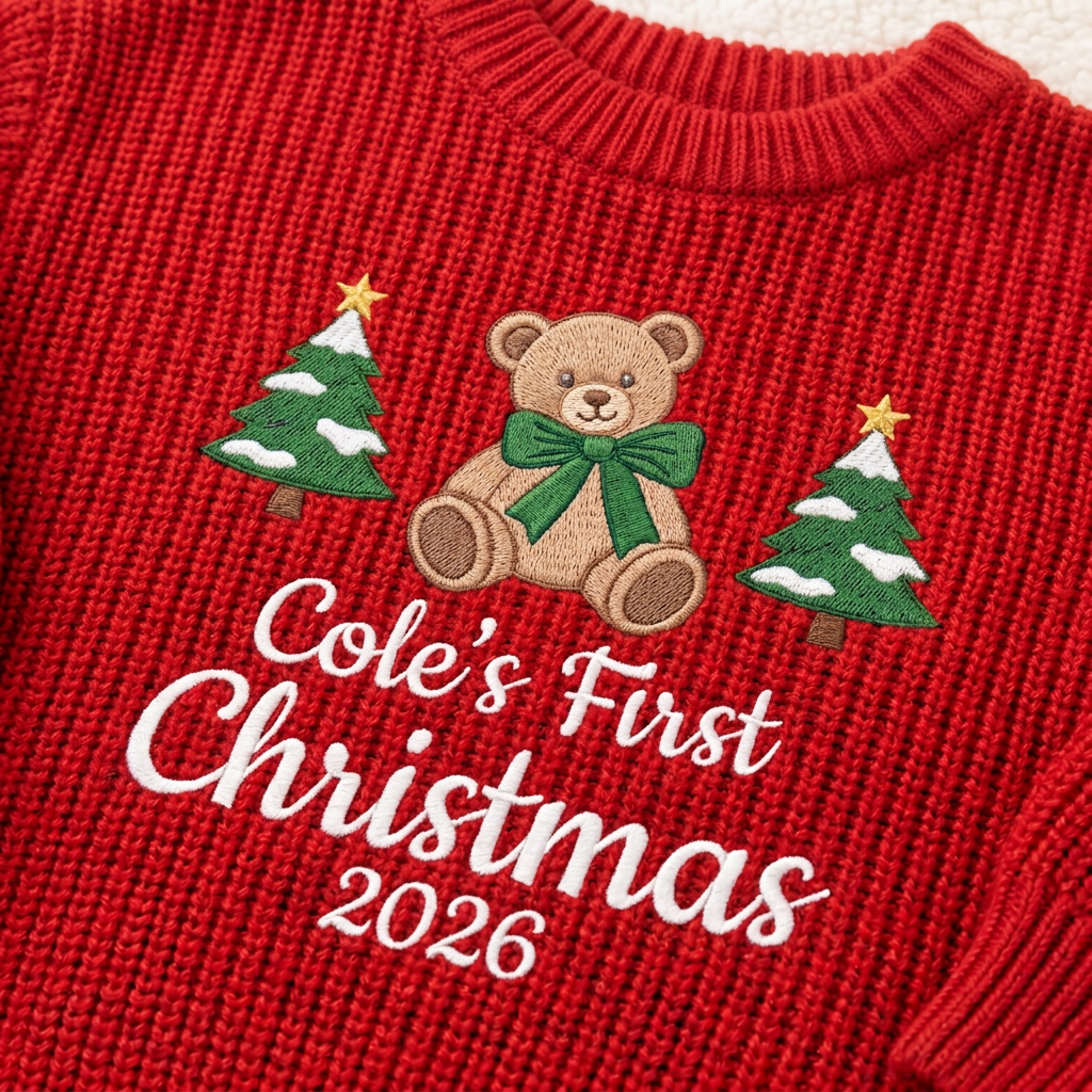 Close-up of machine embroidered first Christmas teddy bear on chunky knit