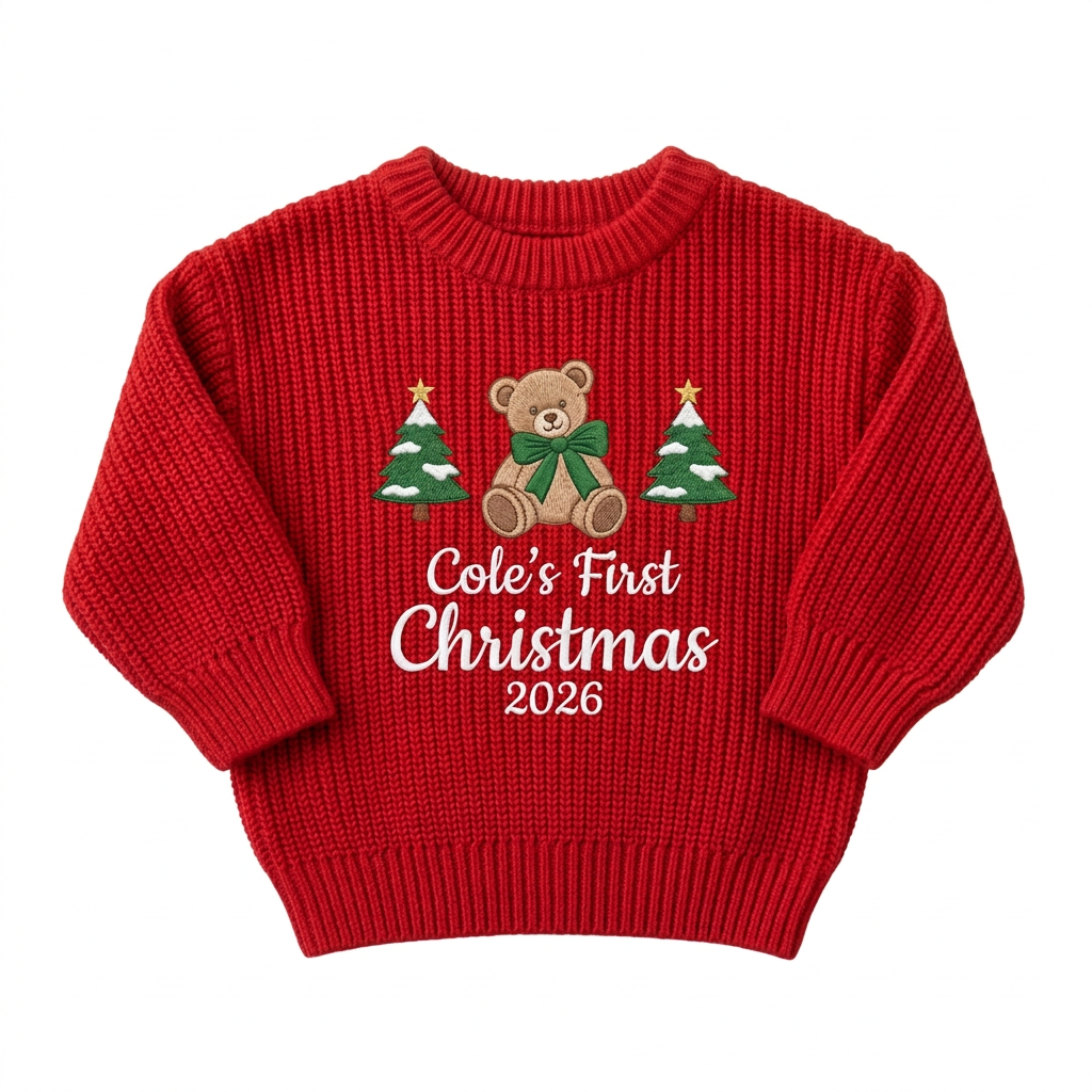 Machine embroidered first Christmas teddy bear baby Christmas sweater on a plain background