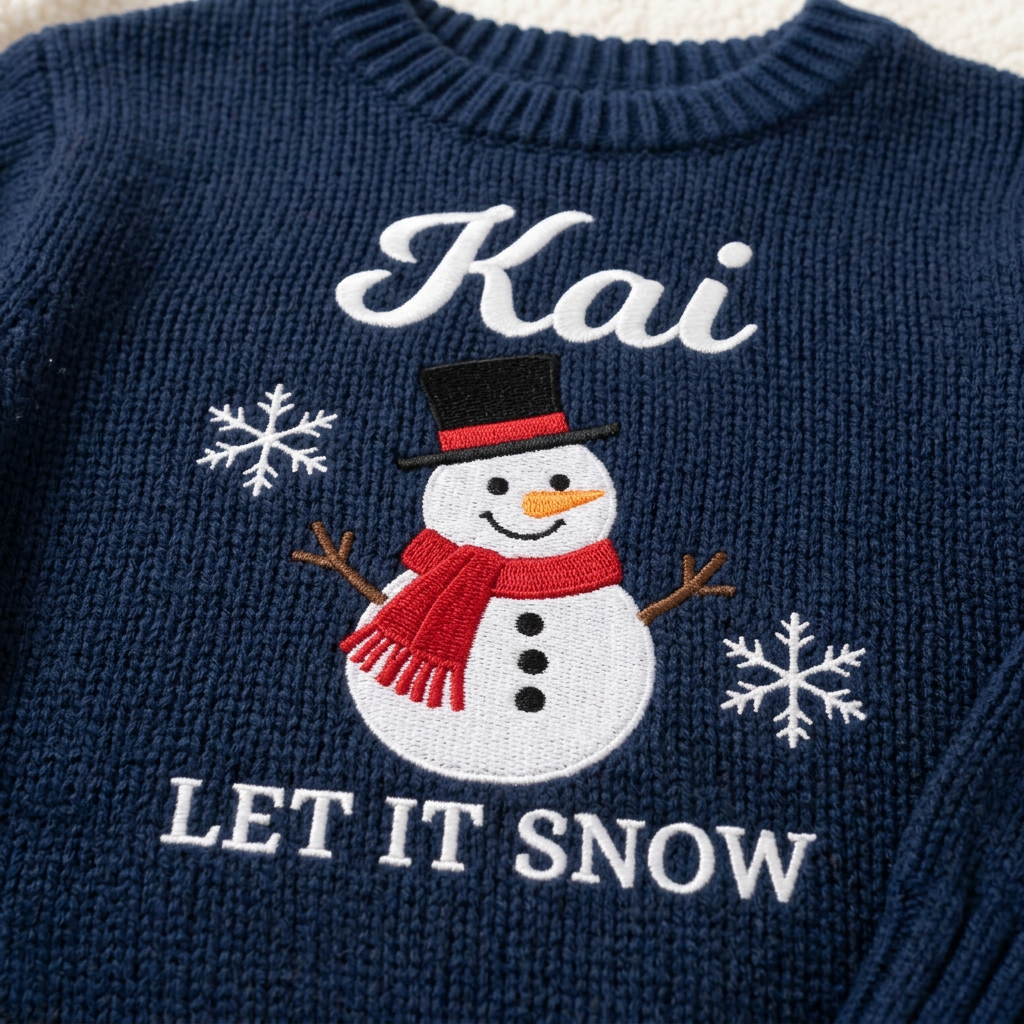 Close-up of machine embroidered snowman Let It Snow on chunky knit