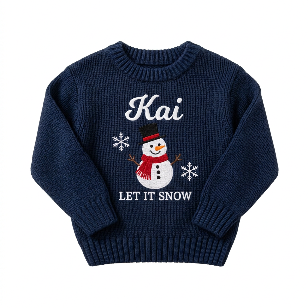Machine embroidered snowman Let It Snow baby Christmas sweater on a plain background