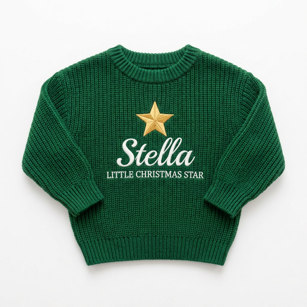Machine embroidered little Christmas star baby Christmas sweater on a plain background