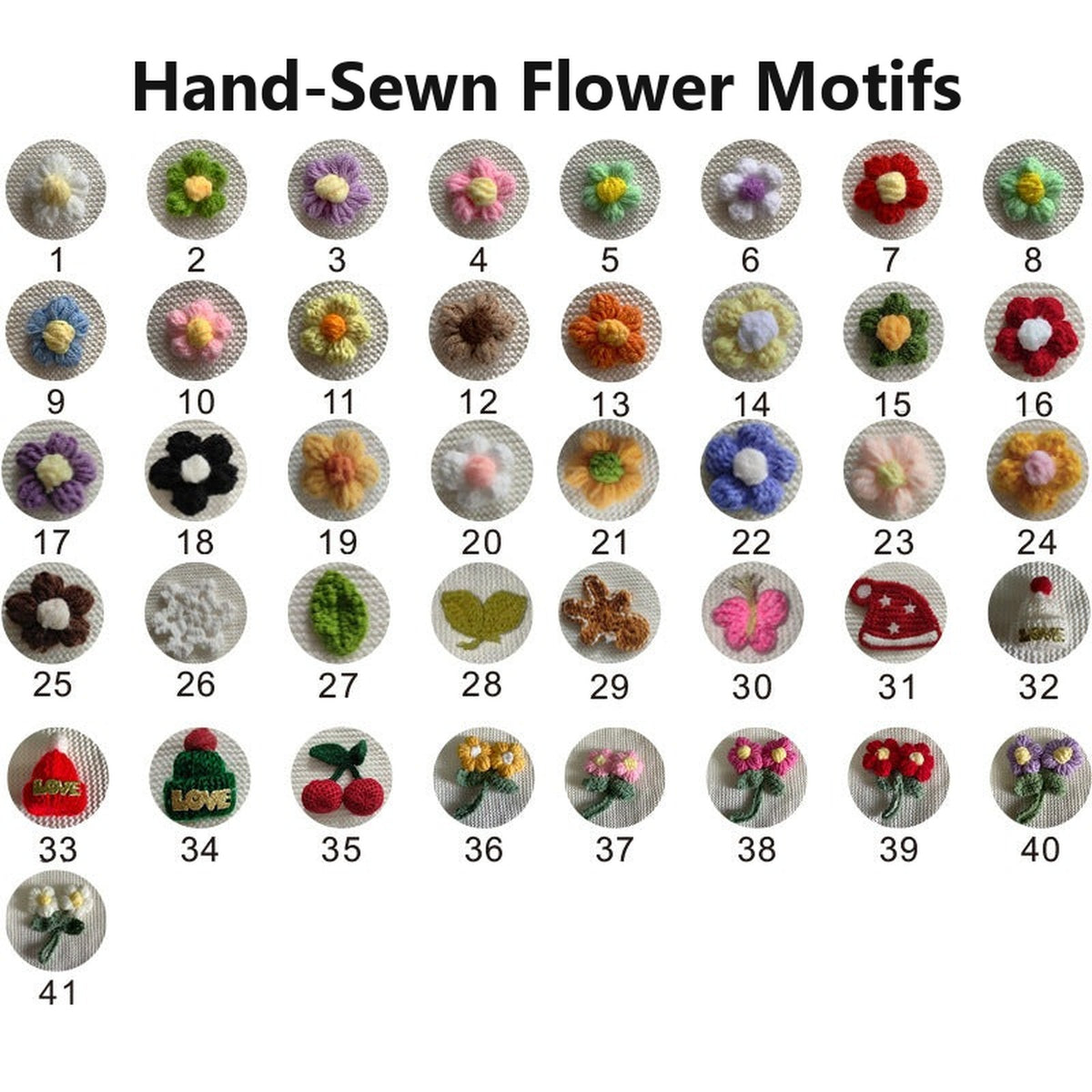 Chart of 41 hand-sewn flower motifs
