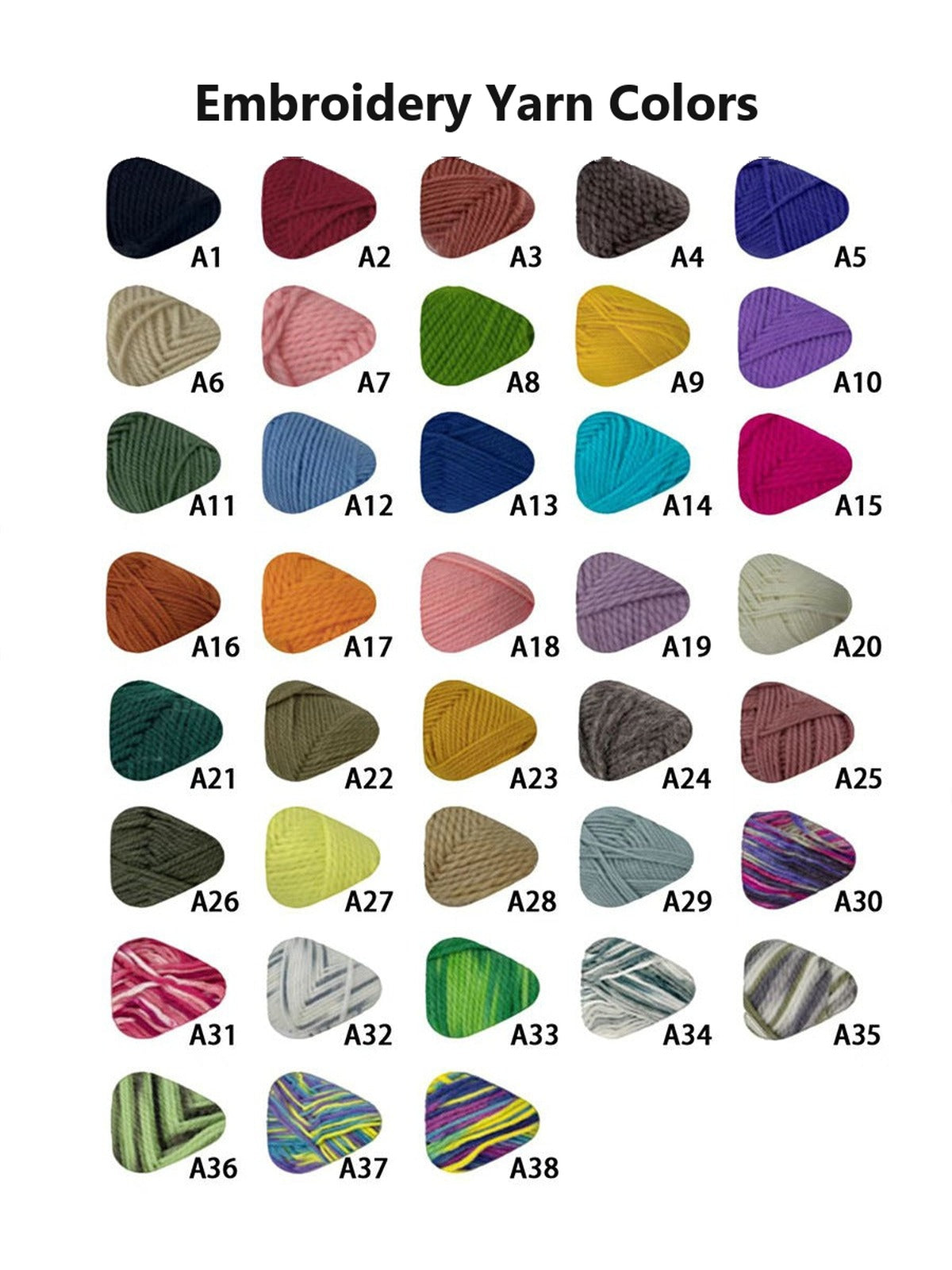 Embroidery yarn color chart with codes A1 to A38