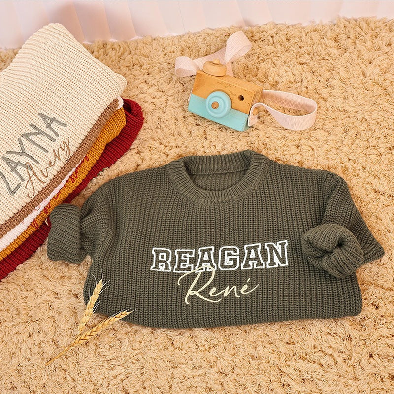 Olive knit kids sweater embroidered with Reagan René