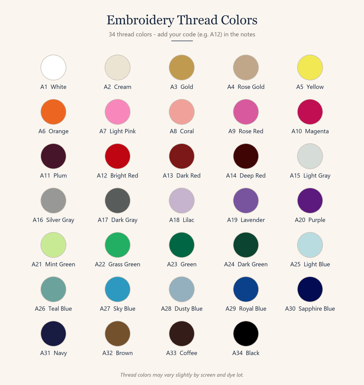 Embroidery thread color chart with codes A1 to A34