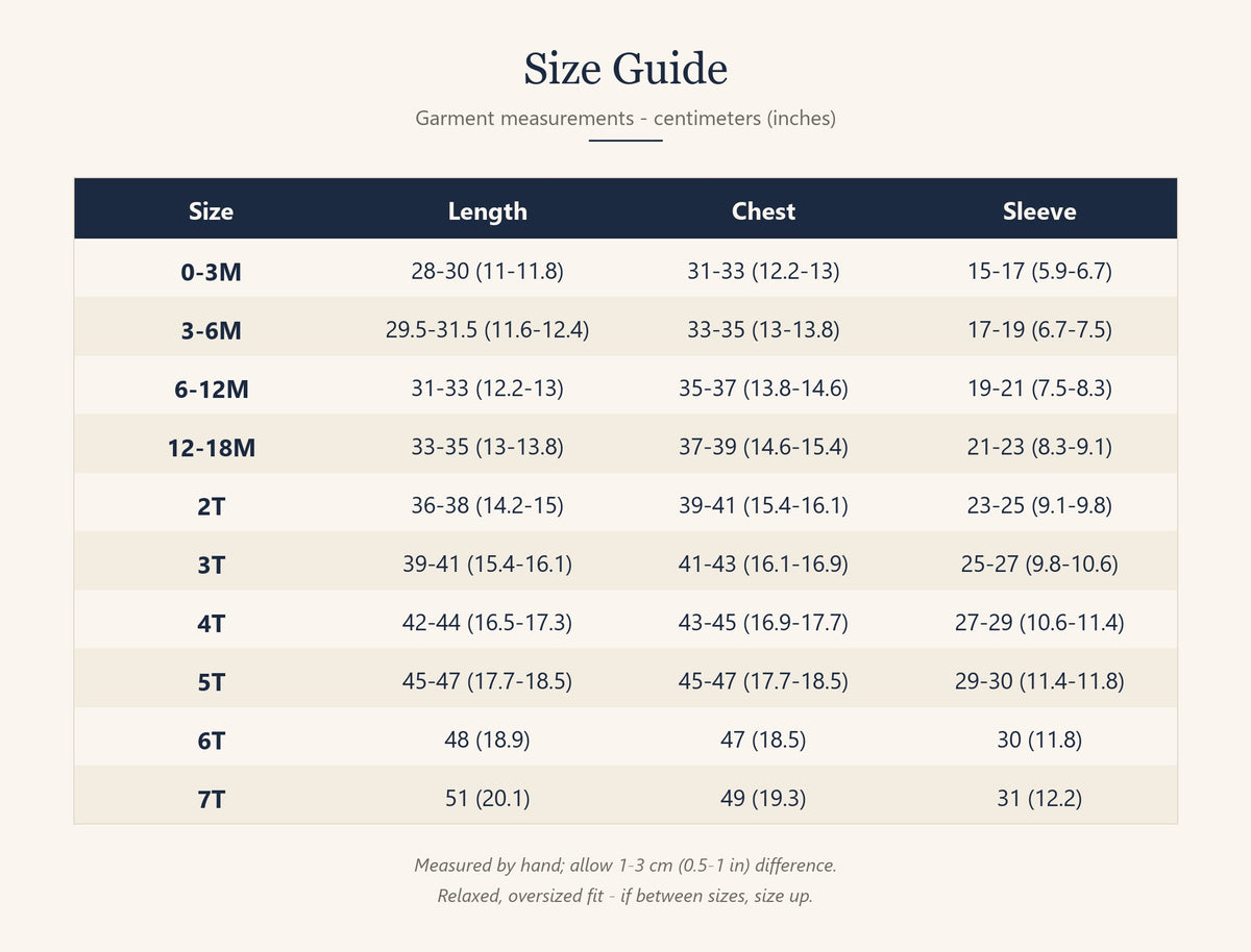 Kids sweater size guide from 0-3M to 7T