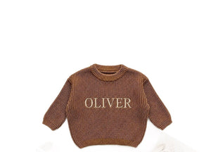 Brown knit sweater with Oliver embroidered in cream thread