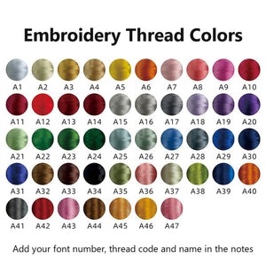 Embroidery thread color chart with codes A1 to A47