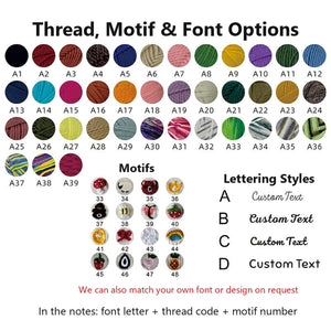 Chart of thread colors, motifs and lettering styles