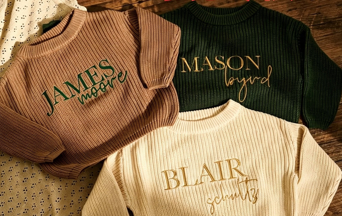 Three knit sweaters embroidered with James, Mason and Blair