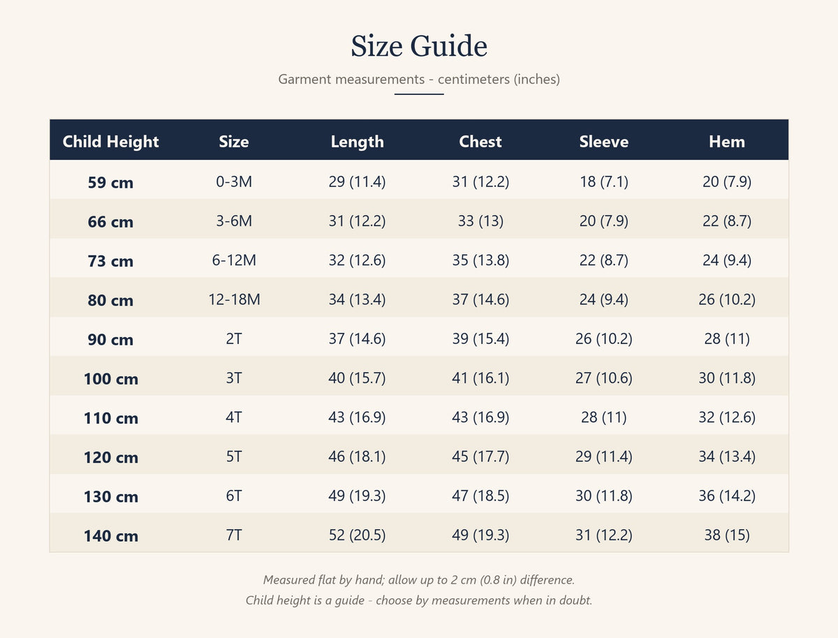 Kids sweater size guide with child height, 0-3M to 7T